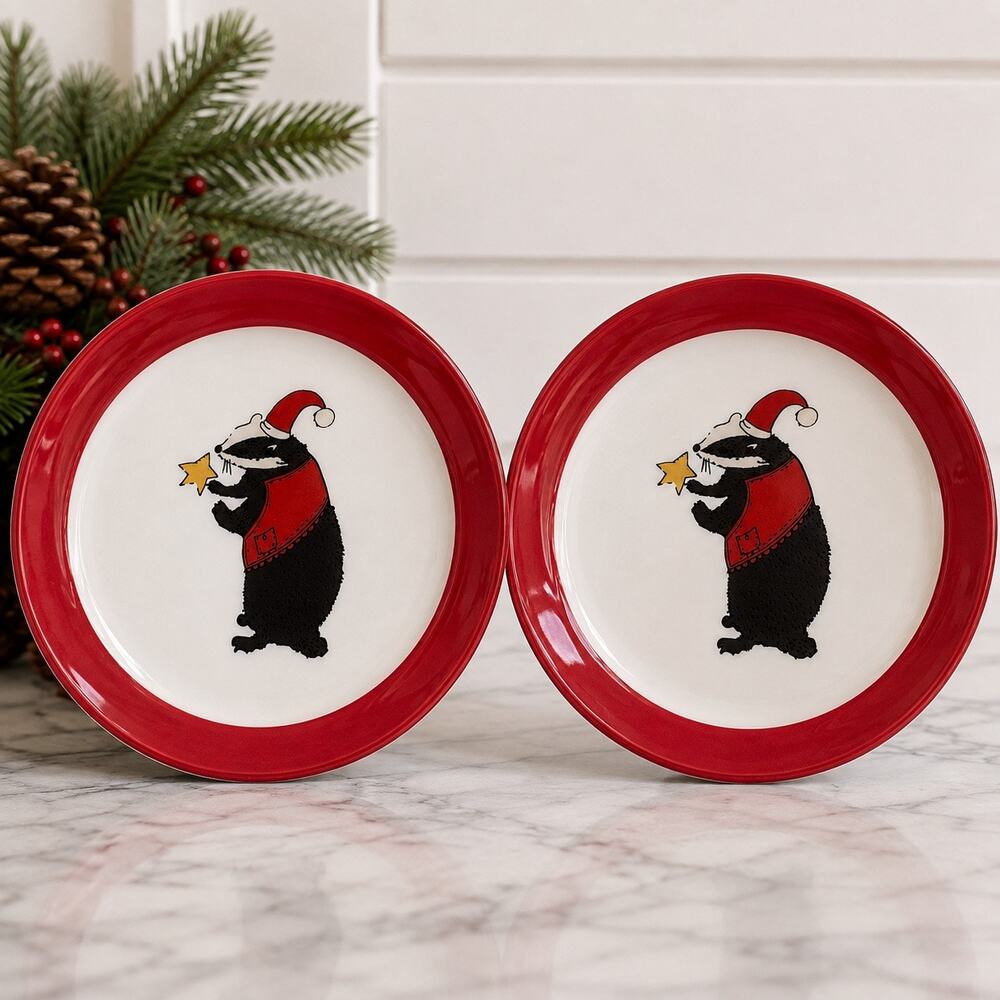 IKEA VINTER 2018 Christmas Badger Plates Set of 2 Red Rim Made in France